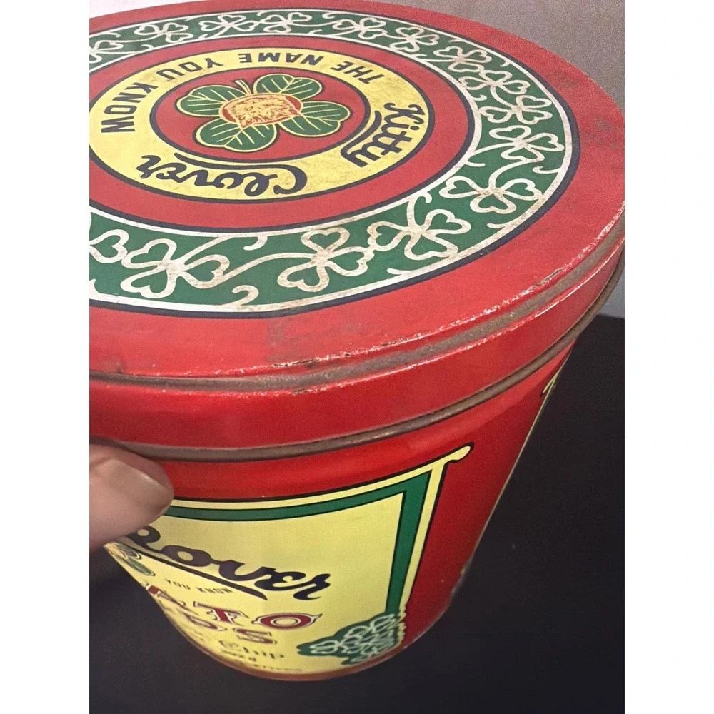 Kitty Clover Potato Chips Tin Vintage 1983 Red 14oz Good Condition Advertising